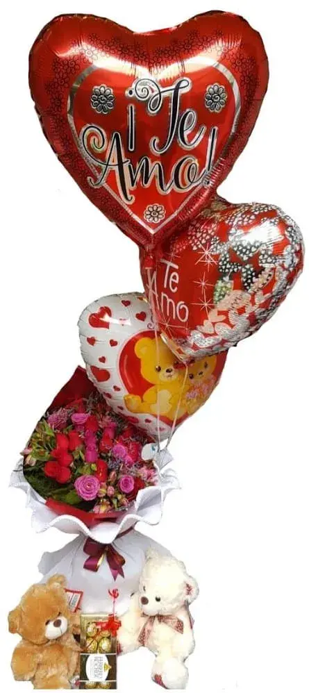 Imagen de Solo importas tu Descripcion: Ramo premium de 18 rosas con pale brilloso,2 osos,1 caja de bombones y 3 globos con helio